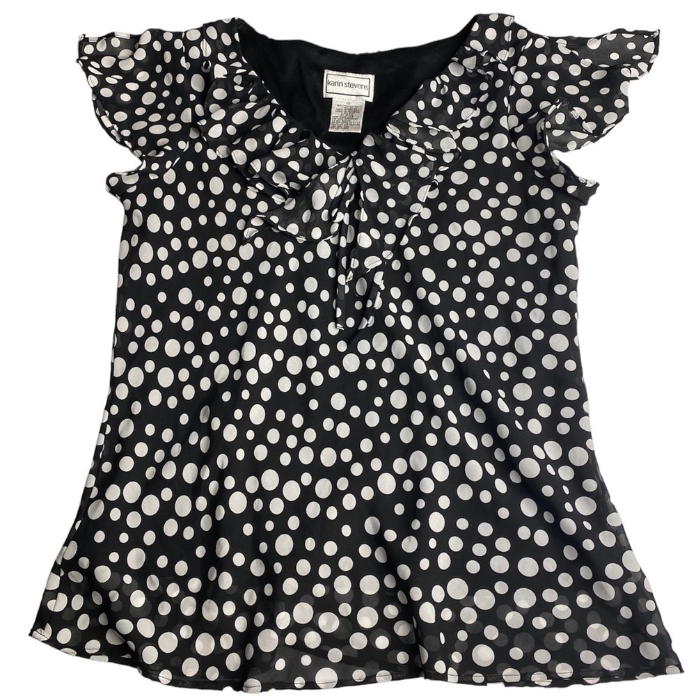 VINTAGE 90’s KARIN STEVENS BLACK & WHITE POLKA DOT BLOUSE CAP SLEEVES